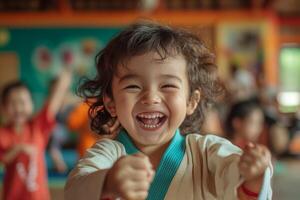 Cheerful child energetically practices martial arts in a colorful dojo surrounded by fellow learners during a lively class photo