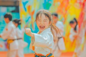 A cheerful child enthusiastically punches during a lively martial arts class in a vibrant dojo surrounded by fellow learners photo