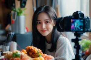 A Chinese female blogger enjoys a delicious mukbang meal at a cozy table, capturing memorable moments in front of her camera photo