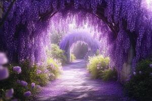 A serene garden path adorned with lavender wisteria arches, inviting tranquility and beauty in bloom photo