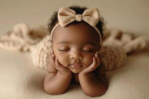 A sweet baby lies peacefully with hands under chin, wearing a big bow headband in a cozy and serene setting photo