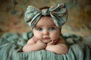 Sweet baby with big bow headband poses peacefully in a cozy, serene setting, radiating cuteness and charm photo