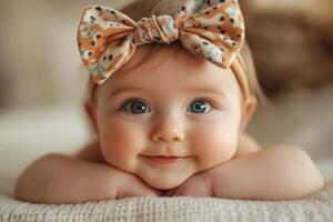 Content baby lying peacefully with hands under chin in a cozy setting, adorned with a large bow headband radiating cuteness and tranquility photo