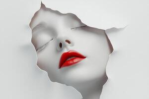 A pale face with red lips and closed eyes emerges from torn paper with soft volumetric lighting in a minimalist 3D render against a white background photo