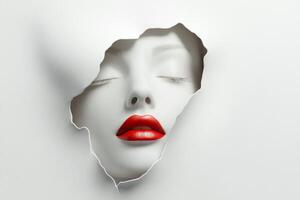 A serene pale face with closed eyes and red lips emerges from a torn paper background in a minimalist 3D rendered illustration photo