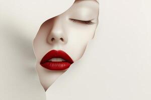 A minimalist 3D rendering of a pale-skinned face with closed eyes and red lips emerging from paper against a soft white background photo