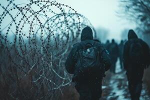 Barbed wire walls reflecting the ongoing immigration challenges in Europe during winter months photo