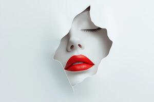 A beautiful pale face with red lips and closed eyes emerges from a white background in a minimalist 3D rendered illustration photo