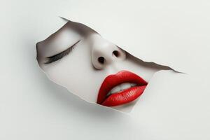 A pale complexion woman with red lips gazes softly from a tear in paper against a minimalist white backdrop, illuminated with volumetric lighting photo