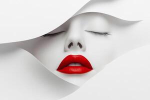 A serene face emerges from minimalist paper layers, showcasing pale complexion and striking red lips with gentle volumetric lighting photo