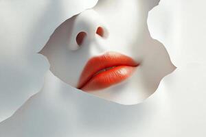 A soft, pale face with red lips emerges from delicate paper, showcasing volumetric lighting and minimalist design against a white background photo
