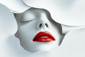 A serene pale-faced woman with red lips and closed eyes emerges from white paper in a minimalistic and artistic rendering photo