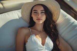 Young woman in a white dress and hat enjoying a relaxing moment on a luxury yacht during a sunny day at sea photo