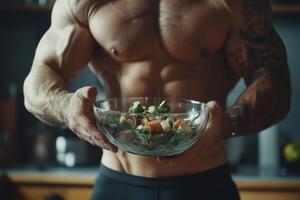 Bodybuilder enjoys a healthy vegan salad in the kitchen from a glass bowl during a nutritious meal prep session photo
