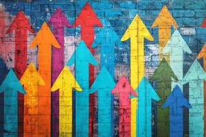Colorful upward arrows against a textured wall symbolize growth, direction, and positive progress in a vibrant urban setting photo