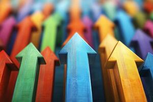 Colorful upward arrows illustrate progress, direction, and growth in a dynamic abstract design filled with vibrant hues and varying sizes photo