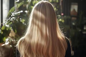 A woman enjoys golden hour while admiring her healthily flowing blonde hair in a sunlit, natural setting photo