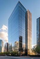 Modern high-rise glass building showcasing reflections of the sun and nearby structures in a vibrant urban landscape photo