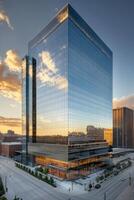 Modern high-rise glass building reflecting the sun at sunset in an urban cityscape photo