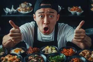 Man with excited expression prepares to enjoy diverse dishes during a South Korean Mukbang eating show photo
