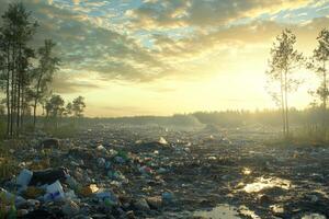 Ecological damage in a garbage dump landscape at sunrise revealing contaminated land photo