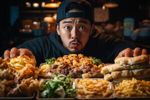 Man with humorous expression prepares for a Mukbang feast with abundant food on a dark background in South Korea photo