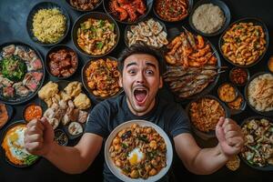 Excited man ready to devour a feast for his Mukbang show in South Korea with a dark background and abundant food variety photo