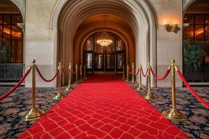 Elegant red carpet entrance adorned with golden stanchions welcoming guests to a lavish event venue photo