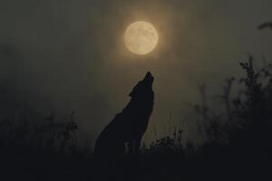 A silhouette of a wolf howling against a foggy night sky illuminated by a full moon photo