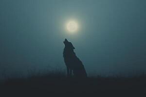 A silhouette of a howling wolf against a foggy night sky illuminated by a full moon photo