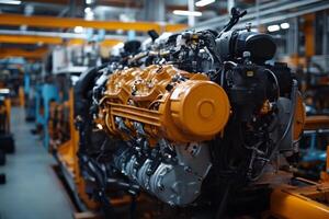 Truck engine assembly line with detailed components showcased in an industrial factory setting during daylight hours photo