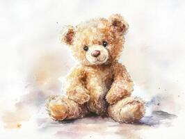A delightful watercolor illustration of a fluffy teddy bear sitting gently against a soft white background photo