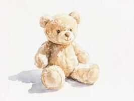 Charming watercolor illustration of a soft, fluffy teddy bear sitting down against a white background with gentle shadows photo