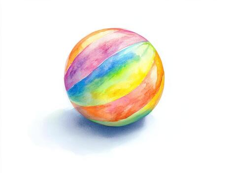 A gentle watercolor illustration of a colorful soft ball with pastel segments on a white background featuring smooth shadows photo