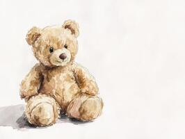 Watercolor illustration of a soft teddy bear with a gentle expression sitting on a white background surrounded by soft shadows photo