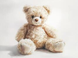Soft and fluffy teddy bear illustration sitting against a white background with gentle expression and subtle shadows photo