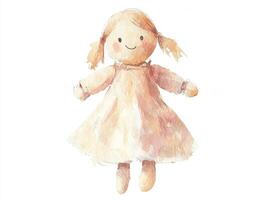Watercolor illustration of a soft pastel-colored doll with a friendly expression on a clean white background photo