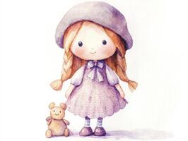 Charming watercolor illustration of a soft doll in pastel clothes standing next to a teddy bear against a clean white background photo