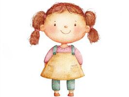 Watercolor illustration of a charming doll with a friendly expression wearing pastel clothes, featuring a simple design and soft shadows photo