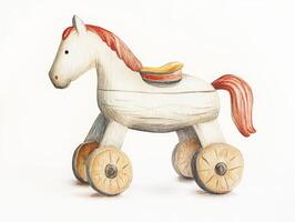 Vintage watercolor illustration of a charming toy horse on wheels, showcasing wooden details and soft pastel colors against a white background photo