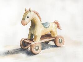 Vintage watercolor illustration of a toy horse on wheels with soft pastel colors and wooden texture details against a white background photo