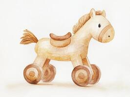 Vintage watercolor illustration of a toy horse on wheels, showcasing soft pastels and wooden textures against a clean white background photo