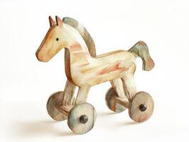 Vintage watercolor illustration of a toy horse on wheels with soft pastels and wooden details against a white background photo