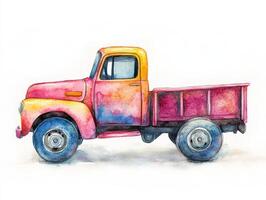 Colorful watercolor illustration of a charming toy truck with rounded edges and soft pastel colors on a clean white background photo