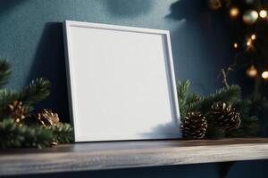 Blank white frame mockup displayed on a shelf decorated with pine branches and Christmas ornaments in a cozy setting photo