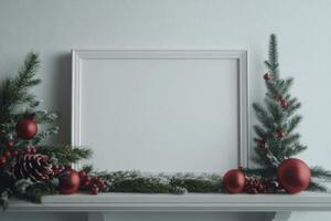 Blank white frame mockup on a shelf with festive Christmas decorations including ornaments, pine branches, and pine cones photo