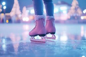 A woman wearing ice skates glides gracefully on a rink illuminated by lights under the night sky in a winter wonderland atmosphere photo