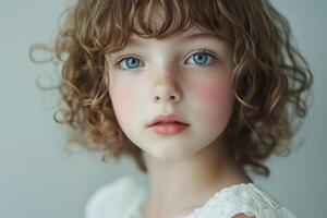 A young girl with curly hair and blue eyes gazes softly while wearing a white dress in a minimal, plain background setting photo
