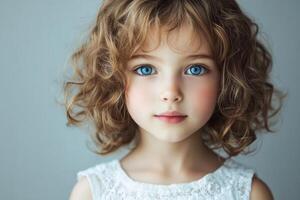 Young girl with curly brown hair and blue eyes in a white dress poses sweetly against a plain background in a soft and serene setting photo