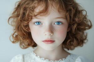 A young girl with curly brown hair and blue eyes wearing a white dress posed against a simple background photo